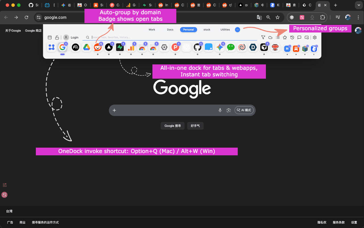 OneDock grouped tabs and groups view