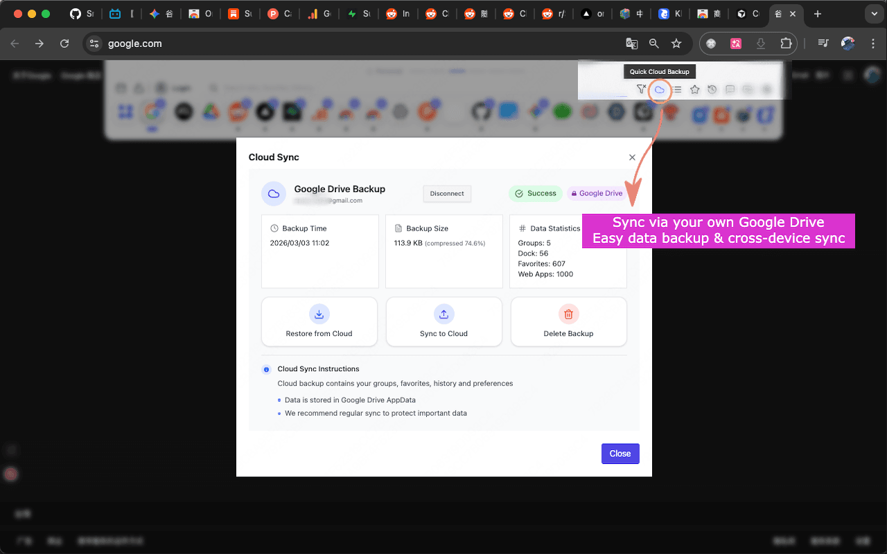 OneDock Google Drive backup view