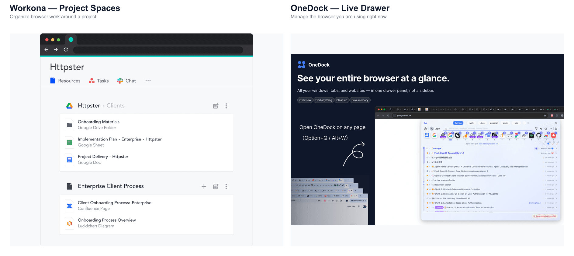Workona Project Spaces beside OneDock Live Drawer