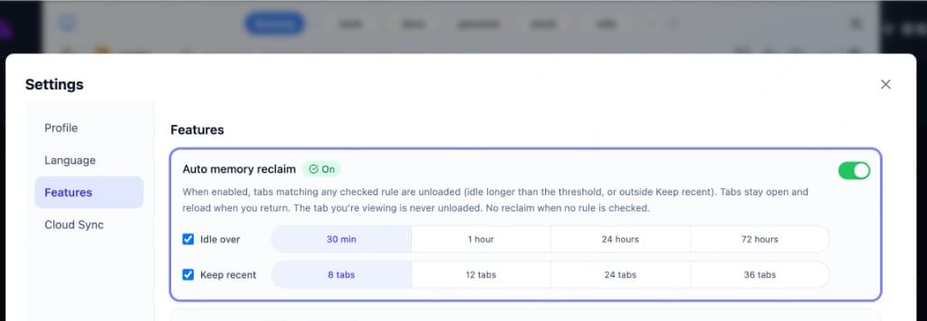 OneDock auto memory reclaim settings: idle threshold and keep recent tabs