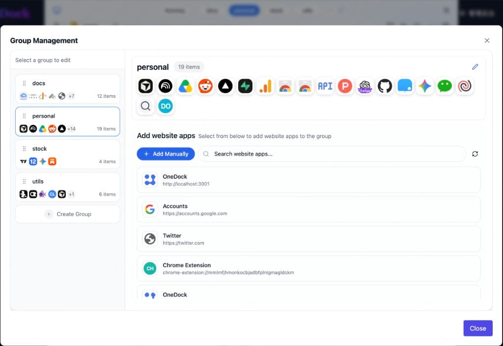 OneDock group management: create groups and add website apps to the Dock